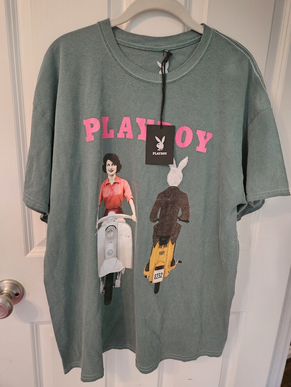 PLAYBOY Green Graphic Tee with Pink Logo and Scooter Print
